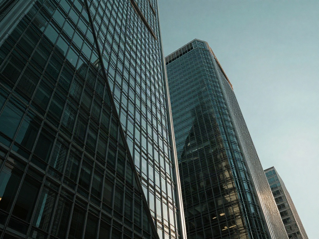 Upward perspective of contemporary glass corporate towers against a clear sky