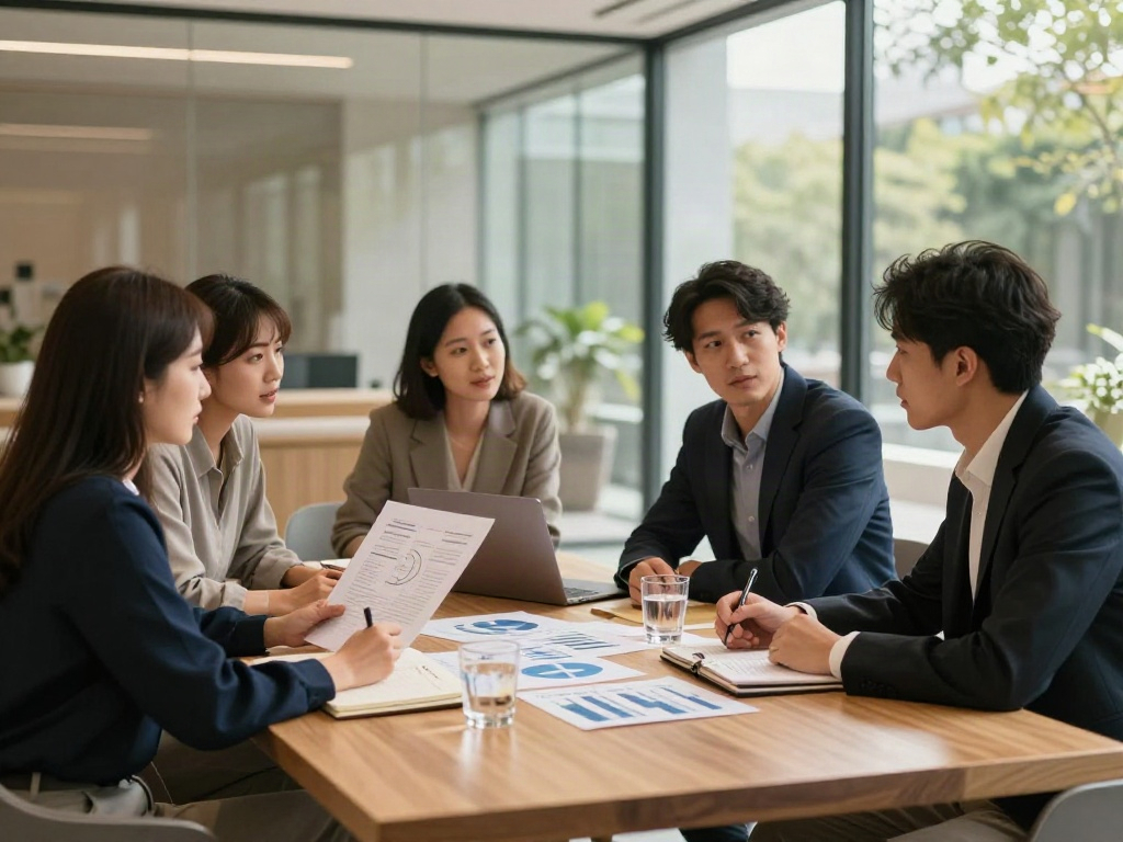 Consulting professionals reviewing business performance charts around a boardroom table